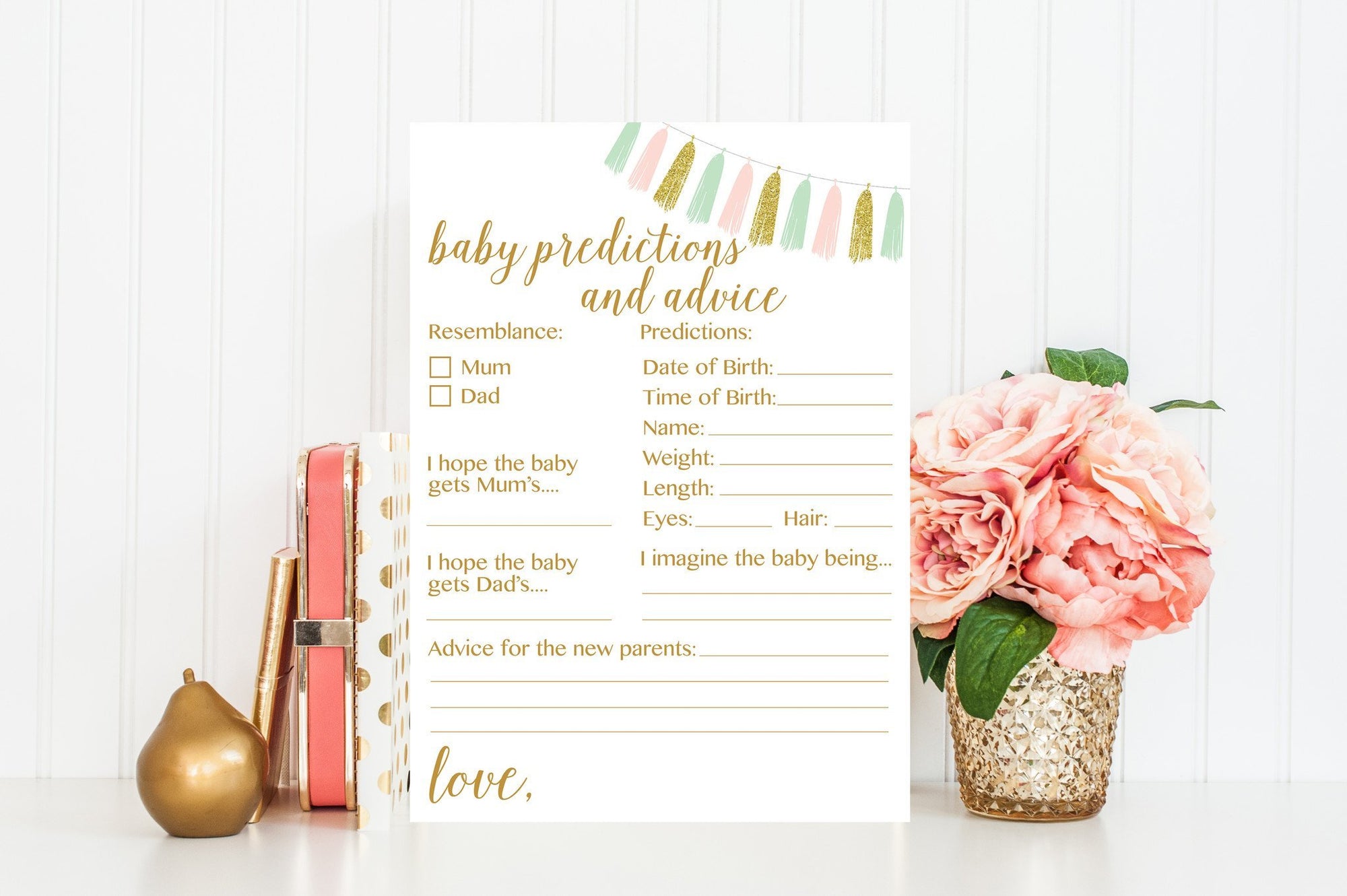 Baby Predictions and Advice (Mum Version) - Pink, Mint & Gold Tassel Printable - Pretty Collected