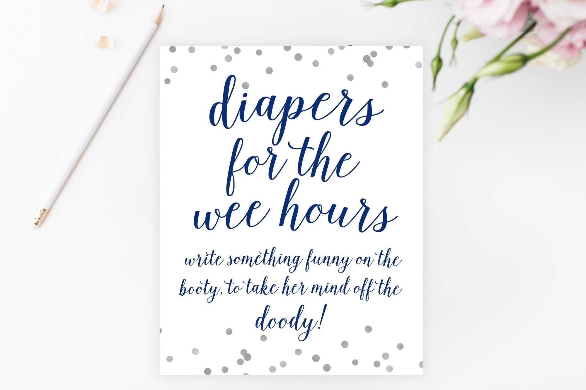 Diapers for the Wee Hours Sign - Navy & Grey Confetti Printable - Pretty Collected