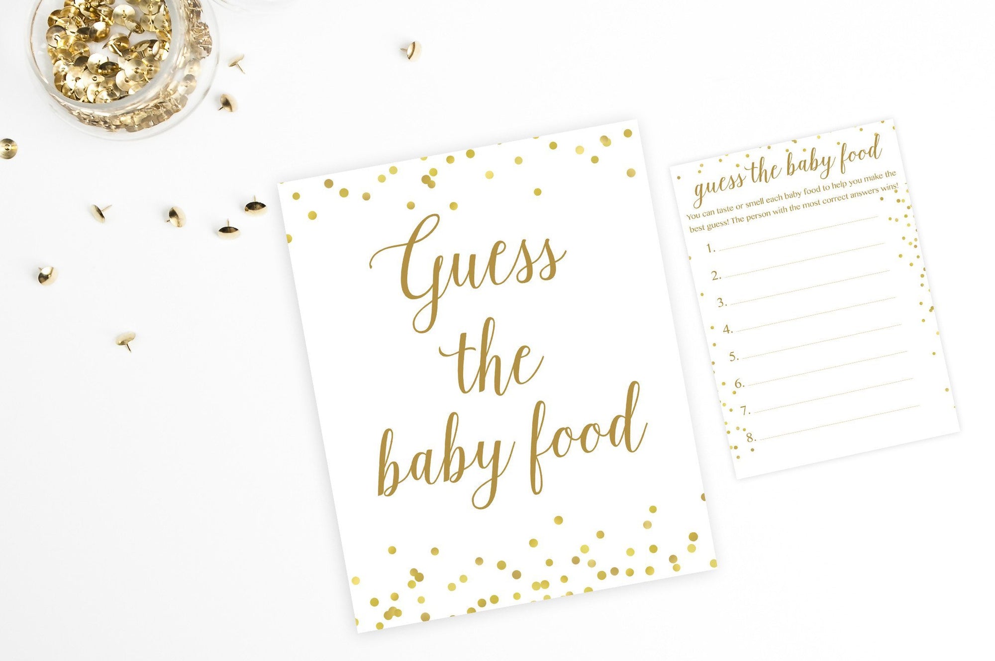 Guess The Baby Food - Gold Confetti Printable - Pretty Collected