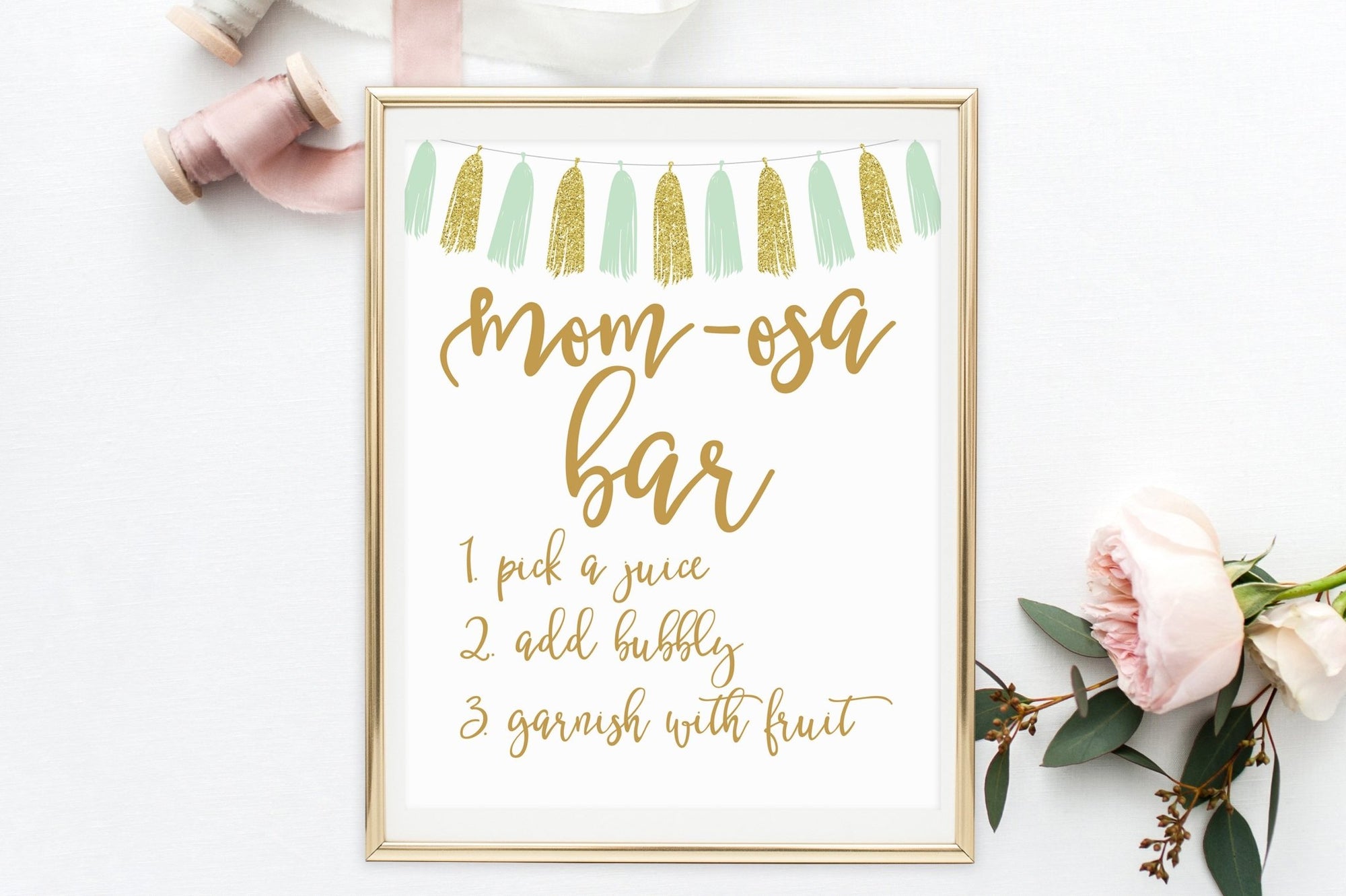 Mom-Osa Bar Sign - Mint & Gold Tassel Printable - Pretty Collected