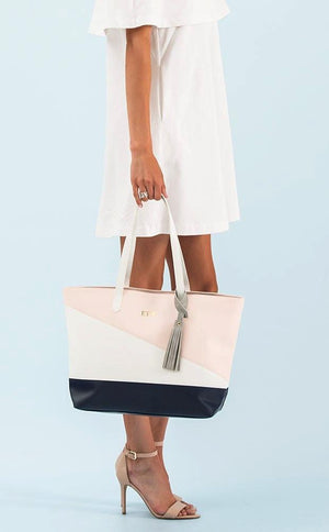 Monogram Faux Leather Tote - Pink, Navy & White - Pretty Collected