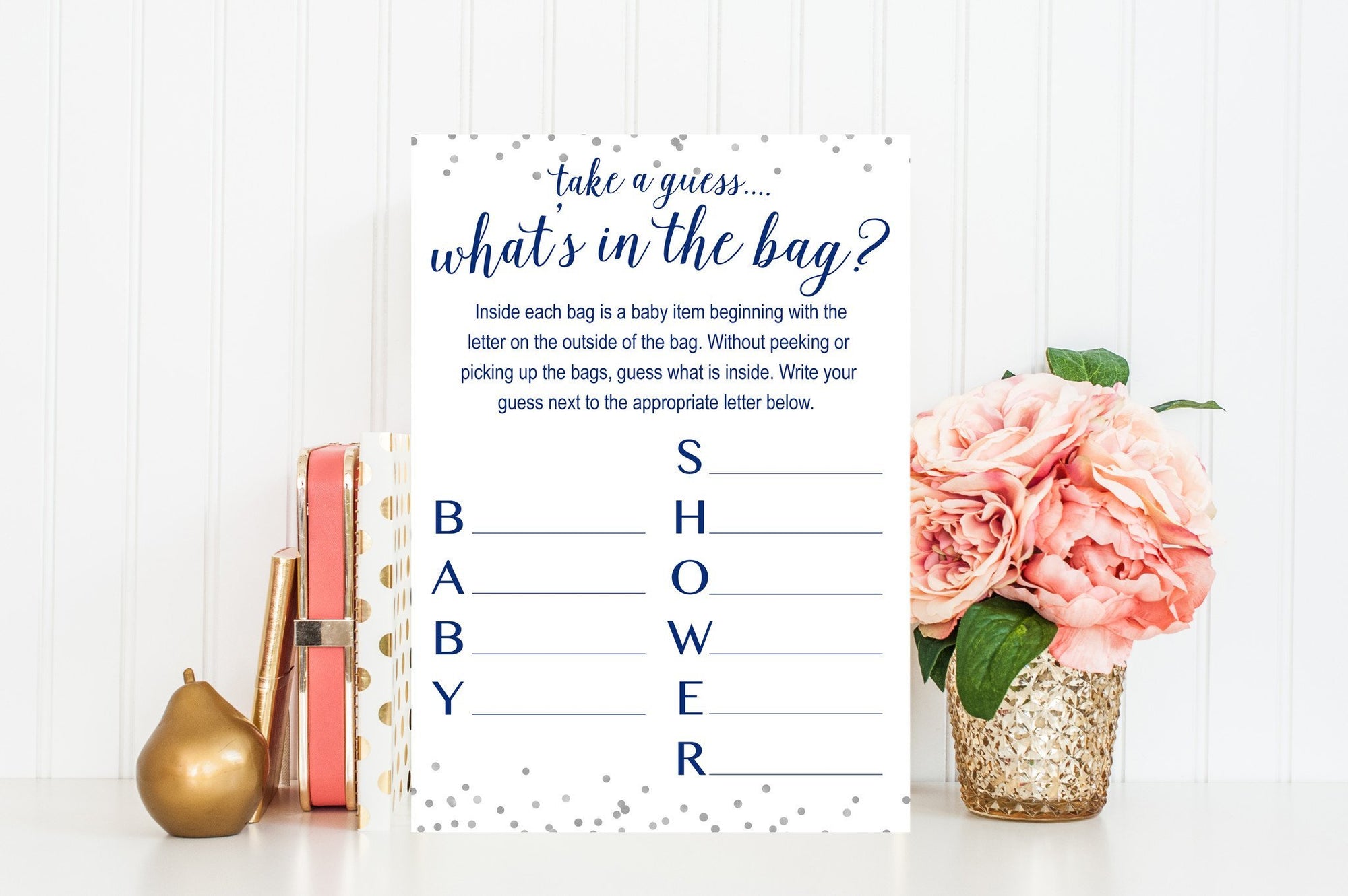 What's In The Bag - Navy & Grey Confetti Printable - Pretty Collected