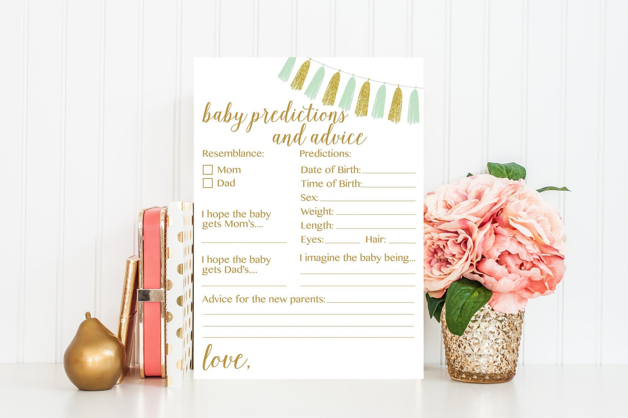 Baby Predictions and Advice - Mint & Gold Tassel Printable - Pretty Collected