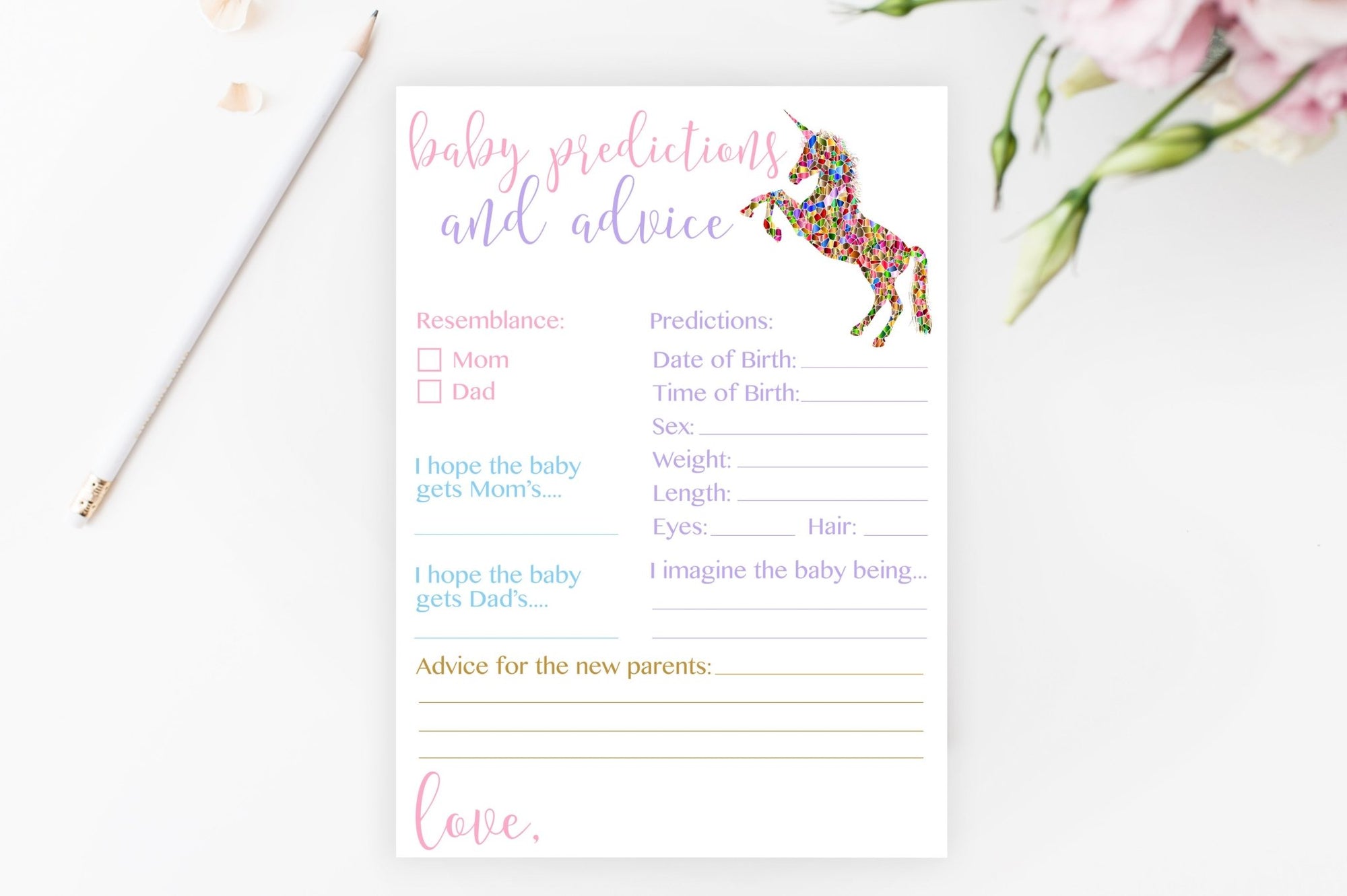 Baby Predictions and Advice (with Sex) - Unicorn Printable - Pretty Collected
