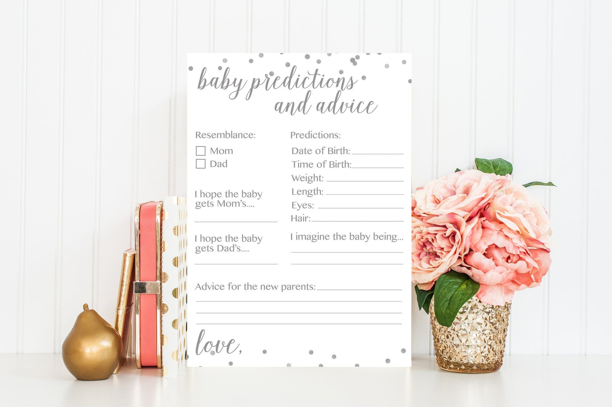 Baby Predictions and Advice - Grey Confetti Printable - Pretty Collected