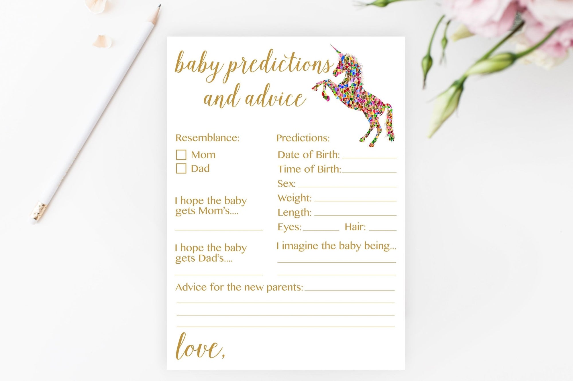 Baby Predictions and Advice - Unicorn Printable - Pretty Collected