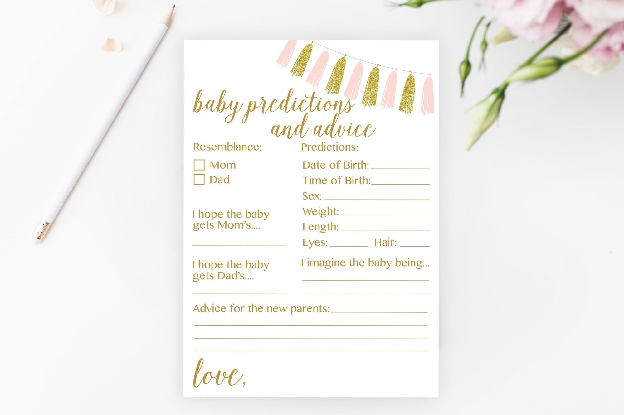 Baby Predictions and Advice (with Sex) - Pink & Gold Tassel Printable - Pretty Collected