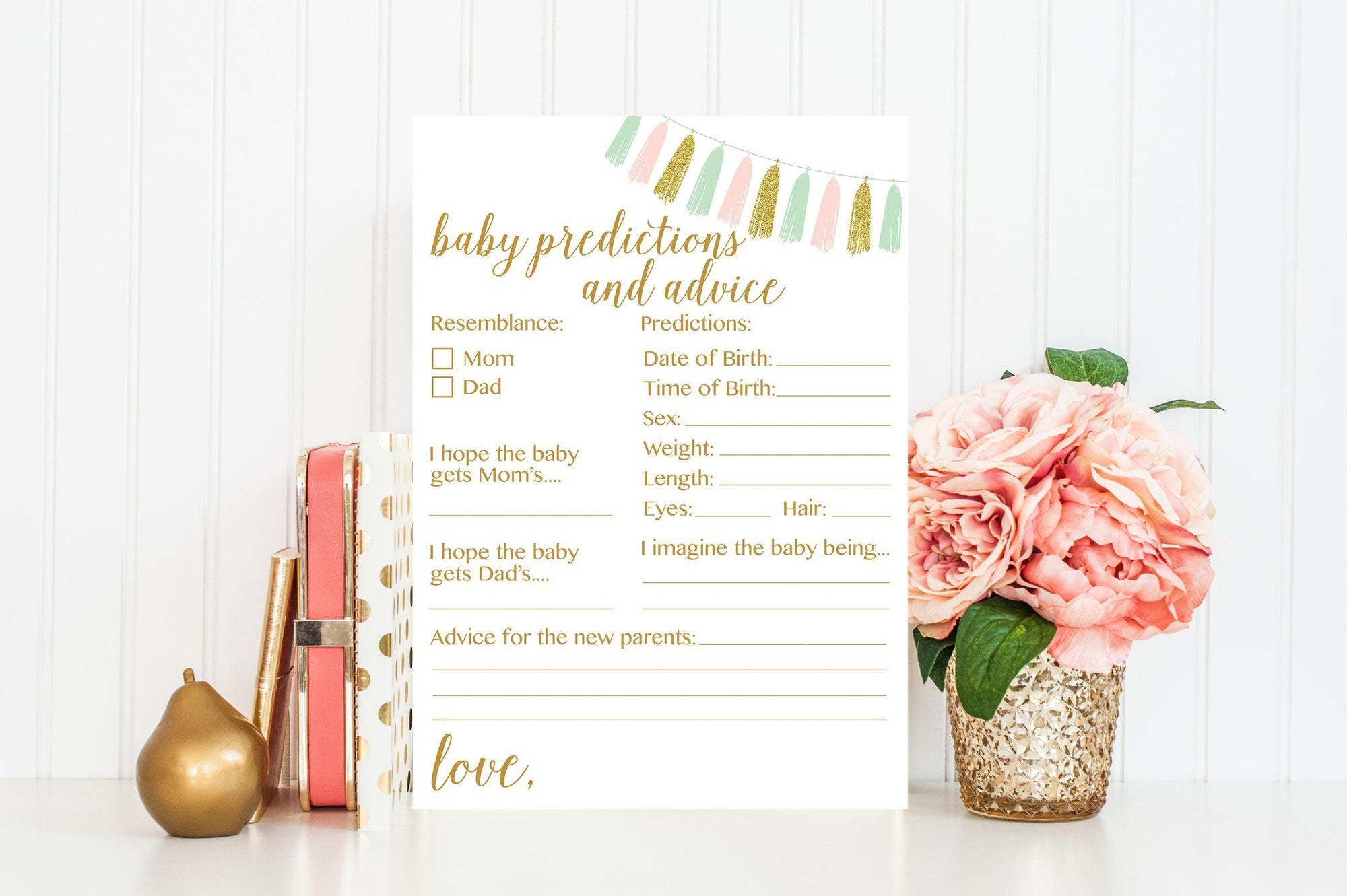 Baby Predictions and Advice (with Sex) - Pink, Mint & Gold Tassel Printable - Pretty Collected