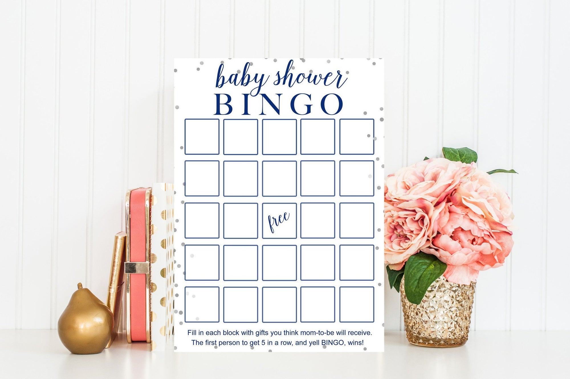 Baby Shower Bingo - Navy & Grey Confetti Printable - Pretty Collected