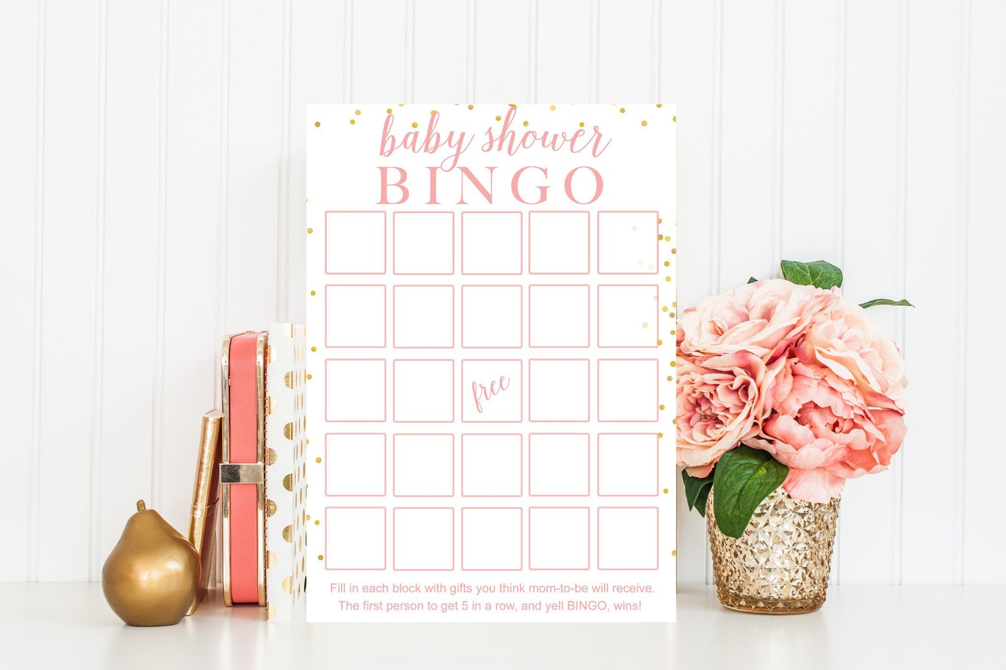 Baby Shower Bingo - Pink & Gold Confetti Printable - Pretty Collected