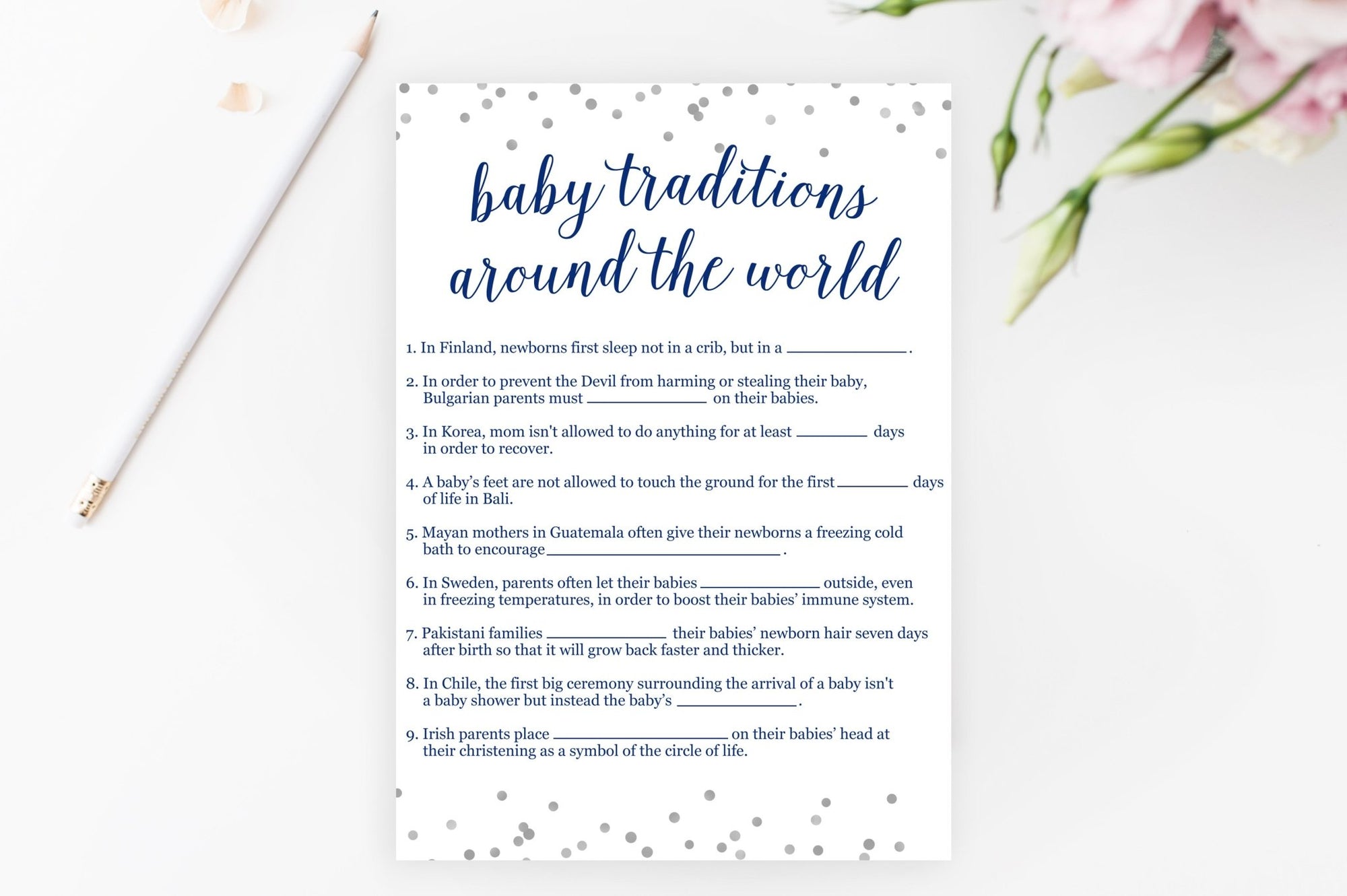 Baby Traditions Around the World - Navy & Grey Confetti Printable - Pretty Collected