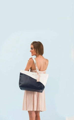 Monogram Faux Leather Tote - Navy & White - Pretty Collected