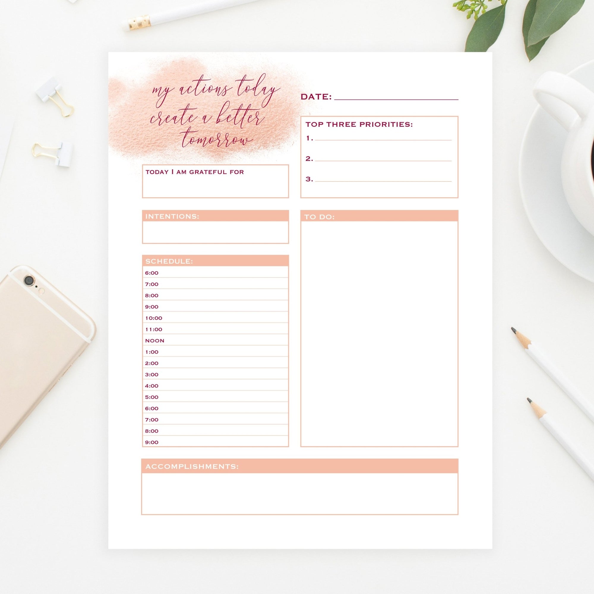 Rose Gold Daily Planner Printable - Pretty Collected