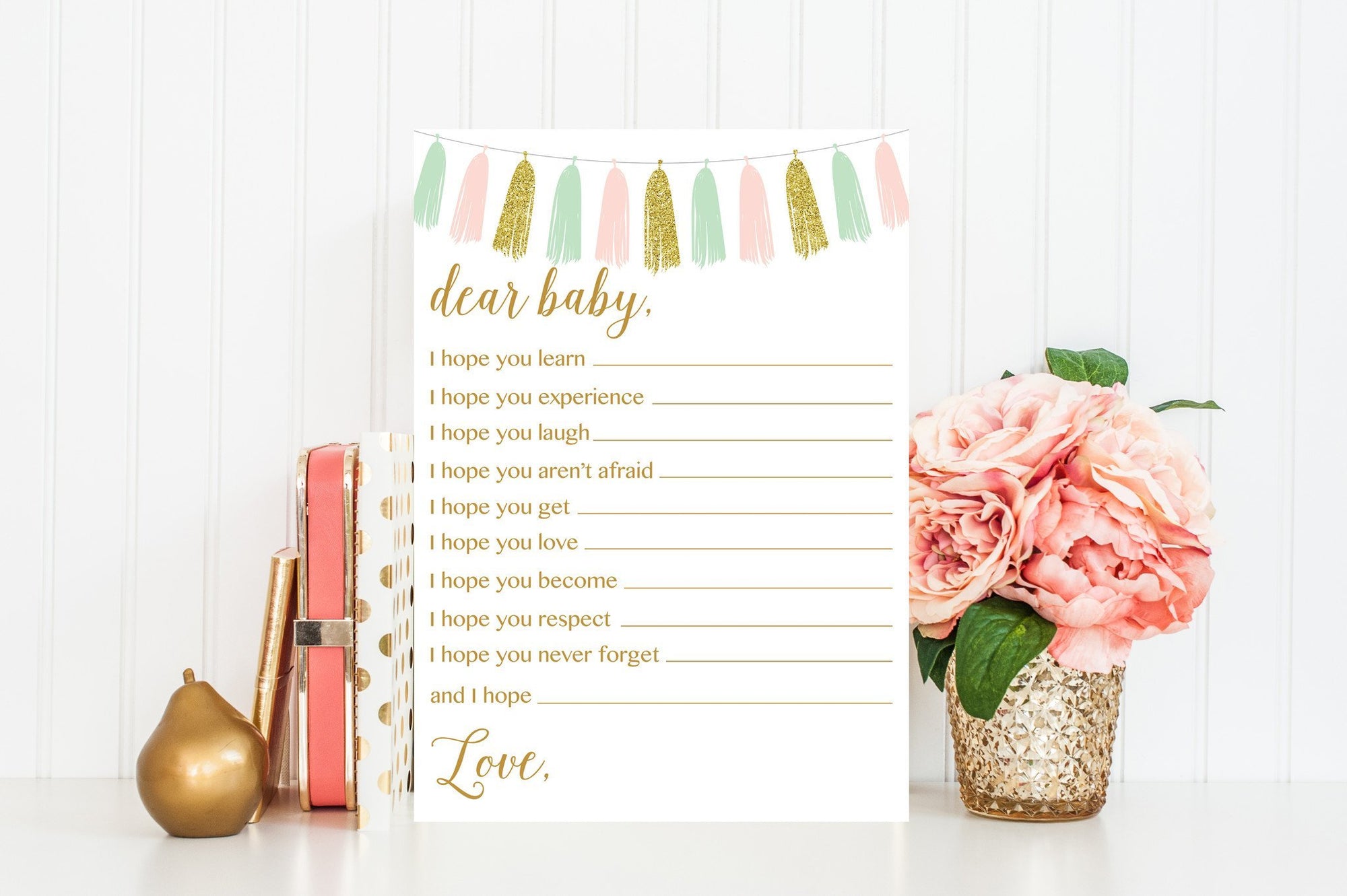Dear Baby - Pink, Mint & Gold Tassel Printable - Pretty Collected