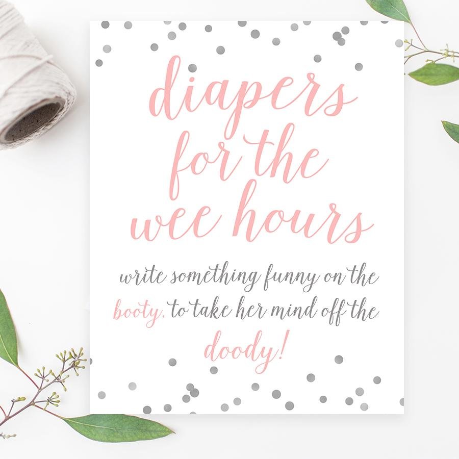 Diapers for the Wee Hours Sign - Pink & Grey Confetti Printable - Pretty Collected