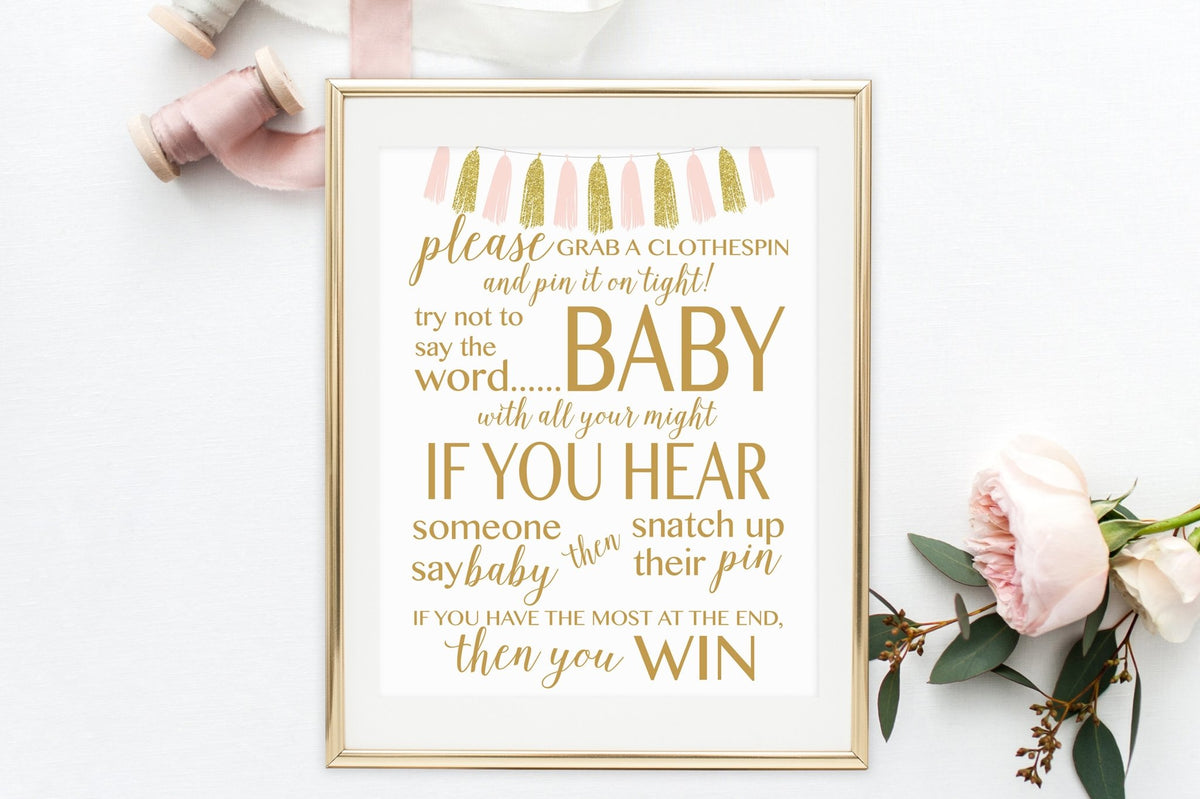 Don't Say Baby Sign - FREE Pink & Gold Tassel Printable - Pretty Collected