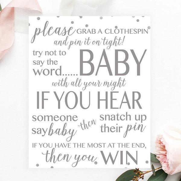 Don't Say Baby Clothespin Baby Shower Game, Table Sign, Simple Black and  White Boy Girl Gender Neutral Printable Baby Shower Game