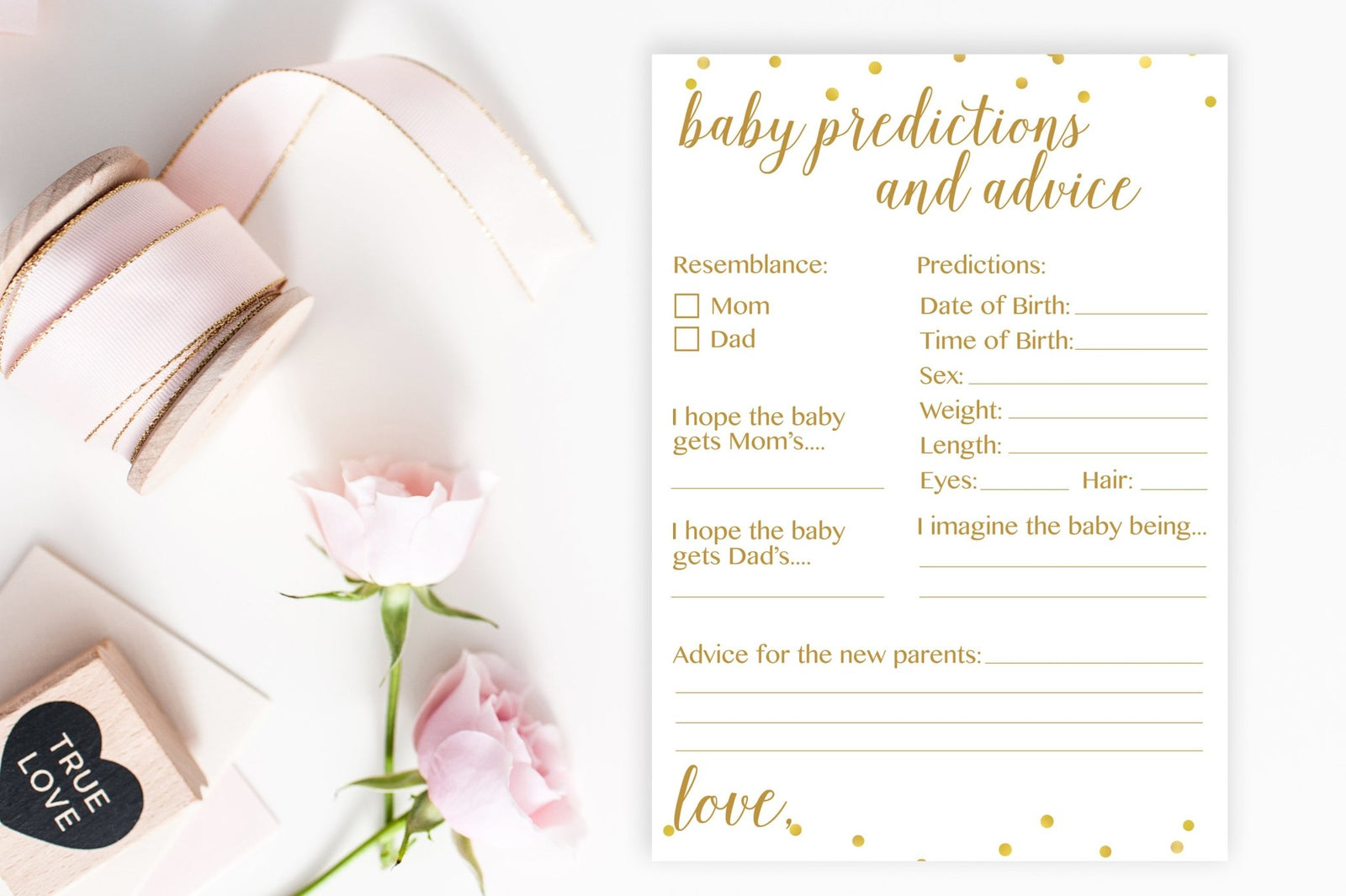 Baby Predictions and Advice (with Sex) - Gold Confetti Printable - Pretty Collected