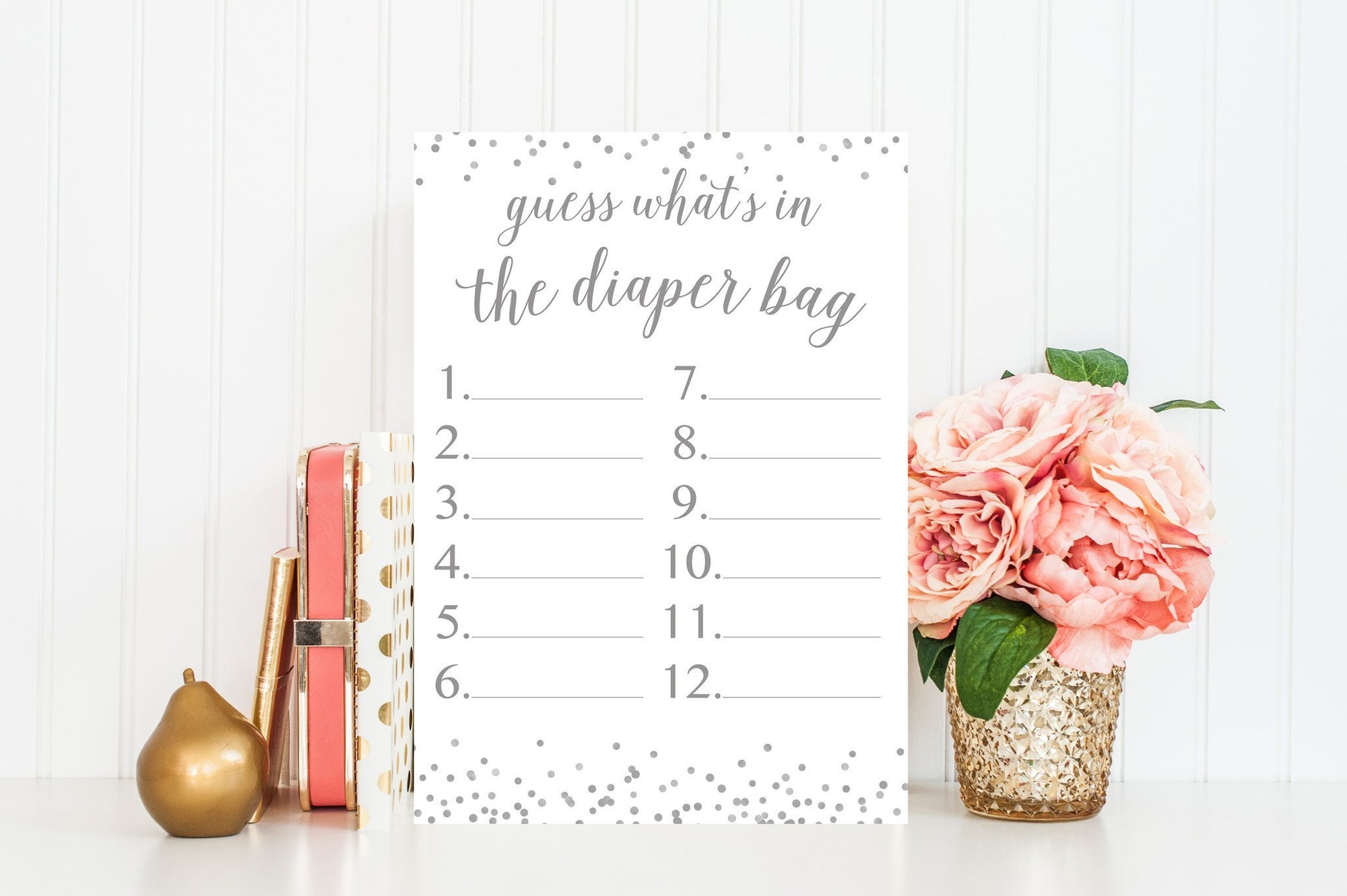 What's In The Diaper Bag - Grey Confetti Printable - Pretty Collected