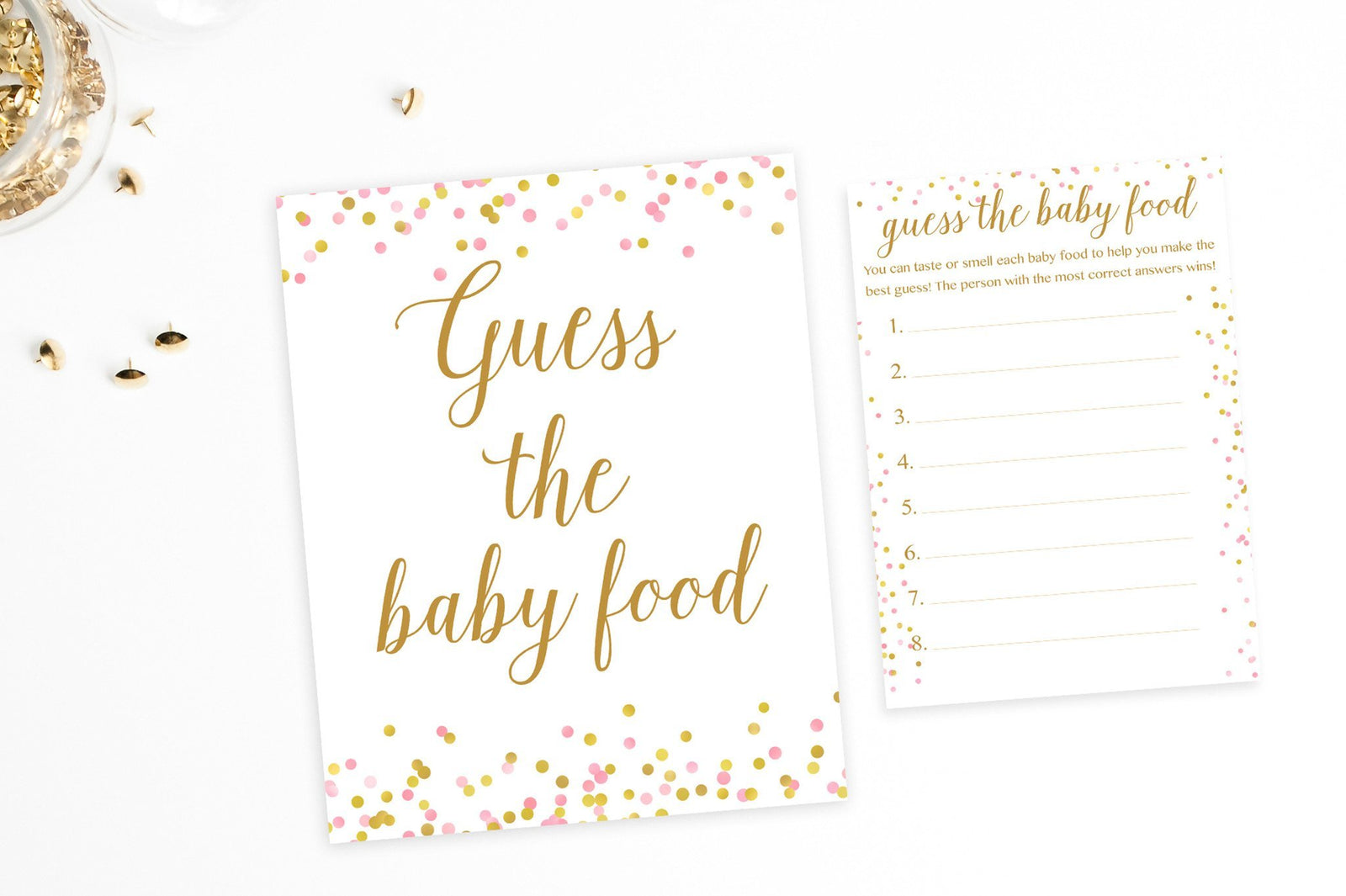 Guess The Baby Food - Gold & Pink Confetti Printable - Pretty Collected