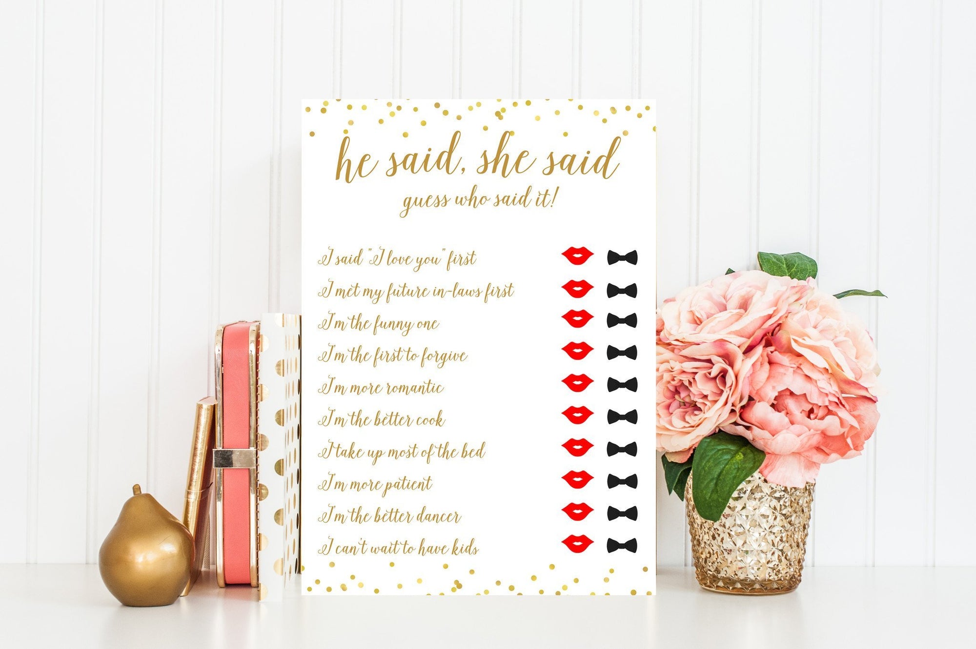 He Said, She Said (Red Lips) - Gold Confetti Printable - Pretty Collected
