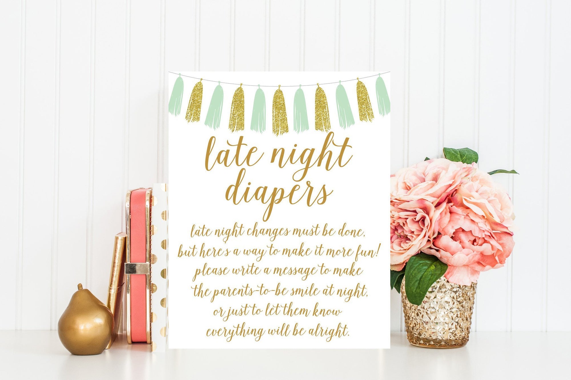 Late Night Diapers Sign - Mint & Gold Tassel Printable - Pretty Collected