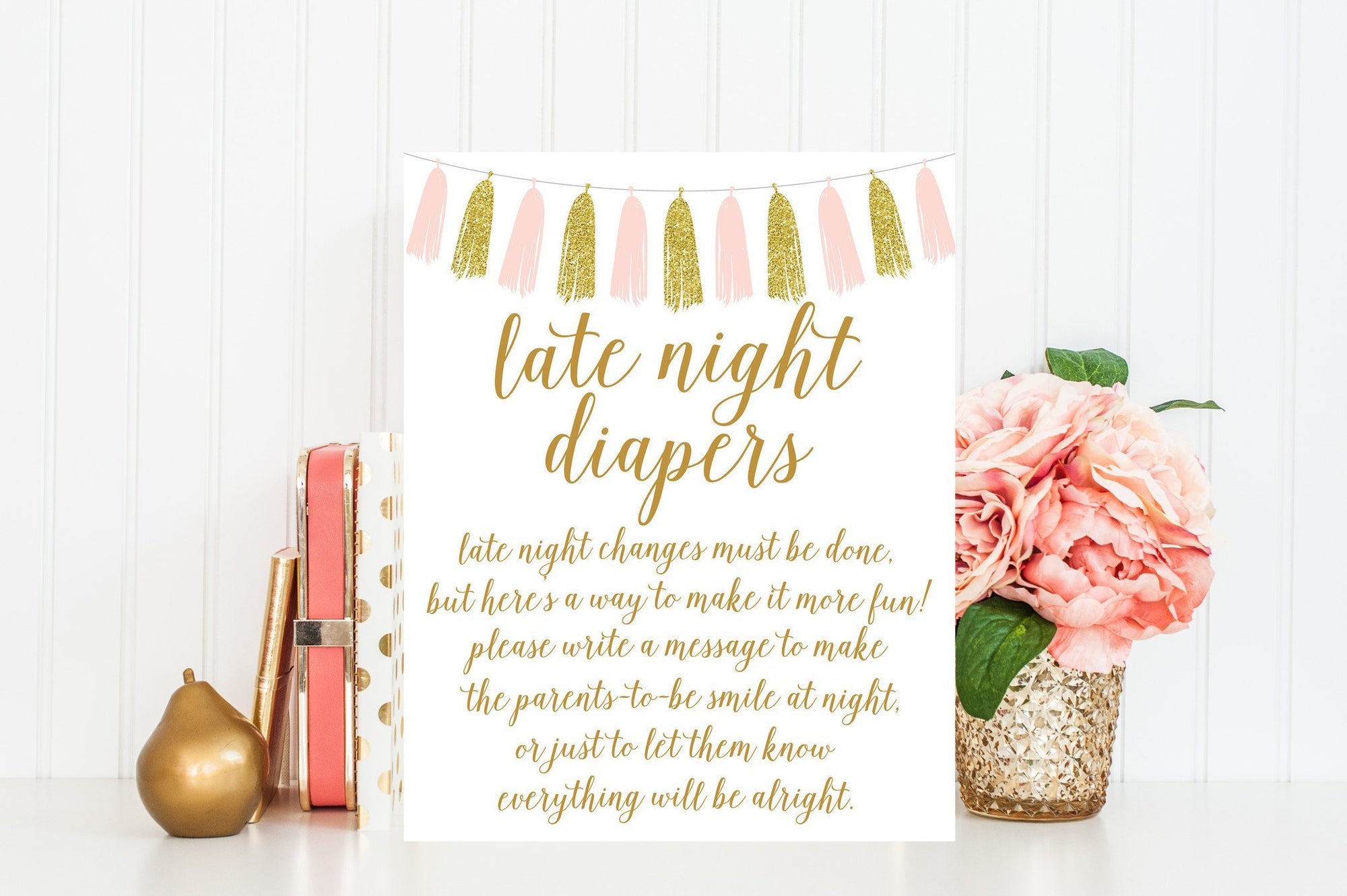 Late Night Diapers Sign - Pink & Gold Tassel Printable - Pretty Collected