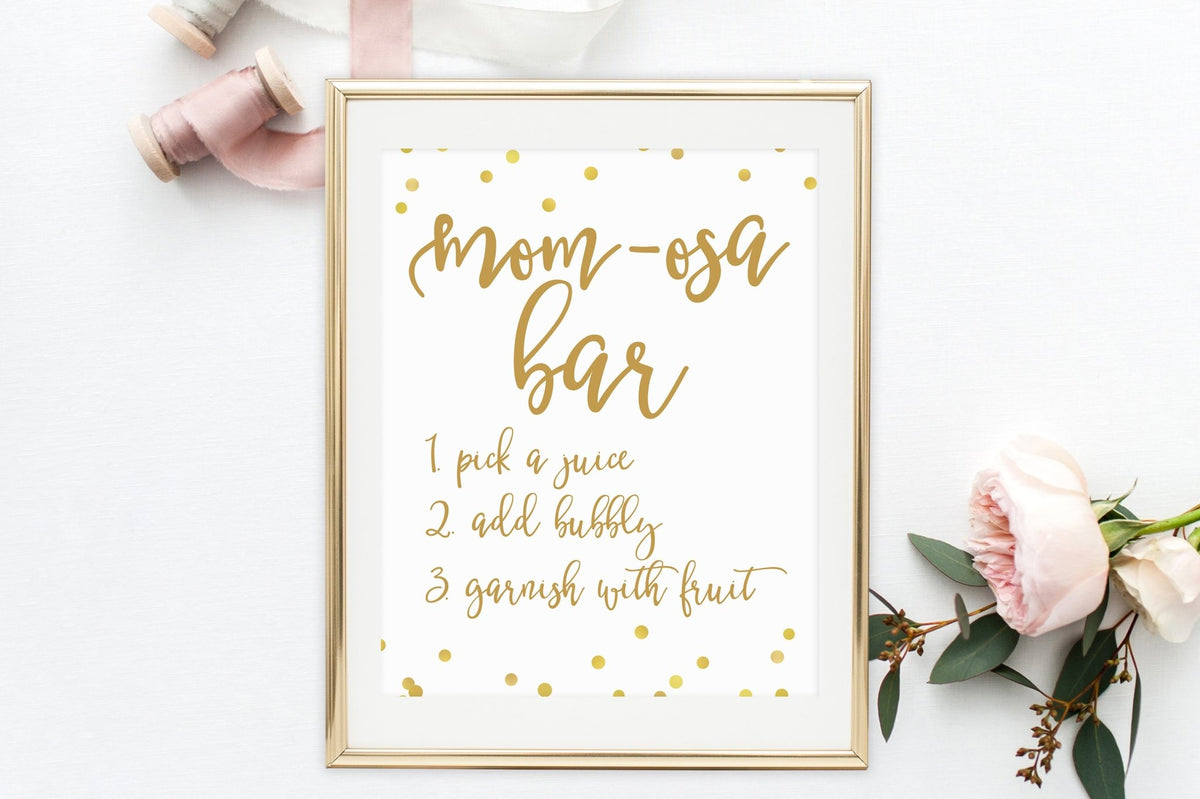 Mom-Osa Bar Sign - FREE Gold Confetti Printable - Pretty Collected