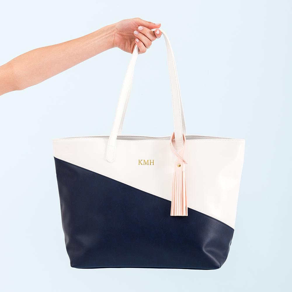 Monogram Faux Leather Tote - Navy & White - Pretty Collected