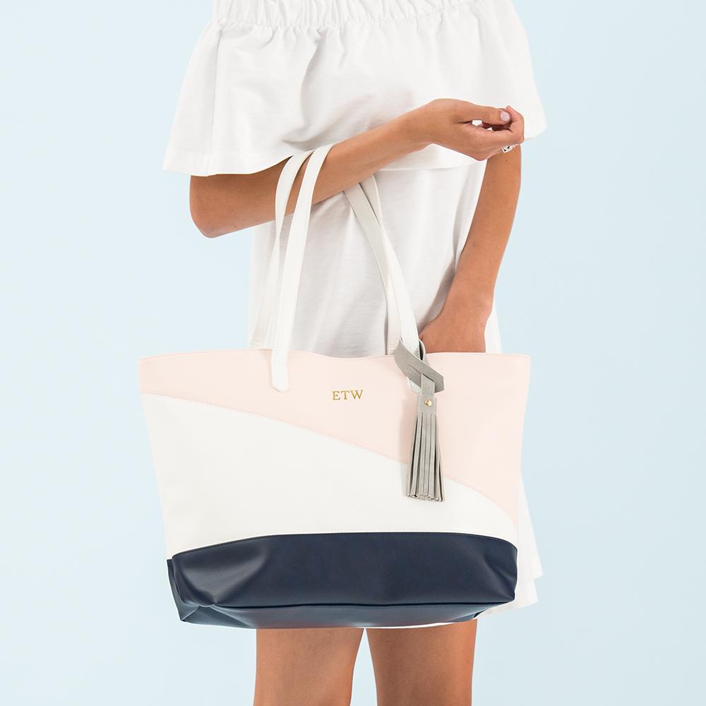 Monogram Faux Leather Tote - Pink, Navy & White - Pretty Collected