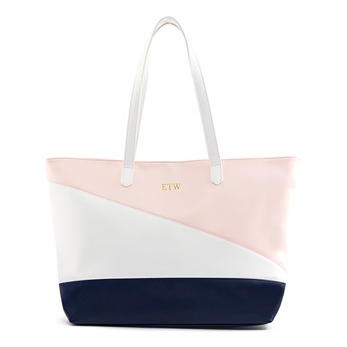Monogram Faux Leather Tote - Pink, Navy & White - Pretty Collected