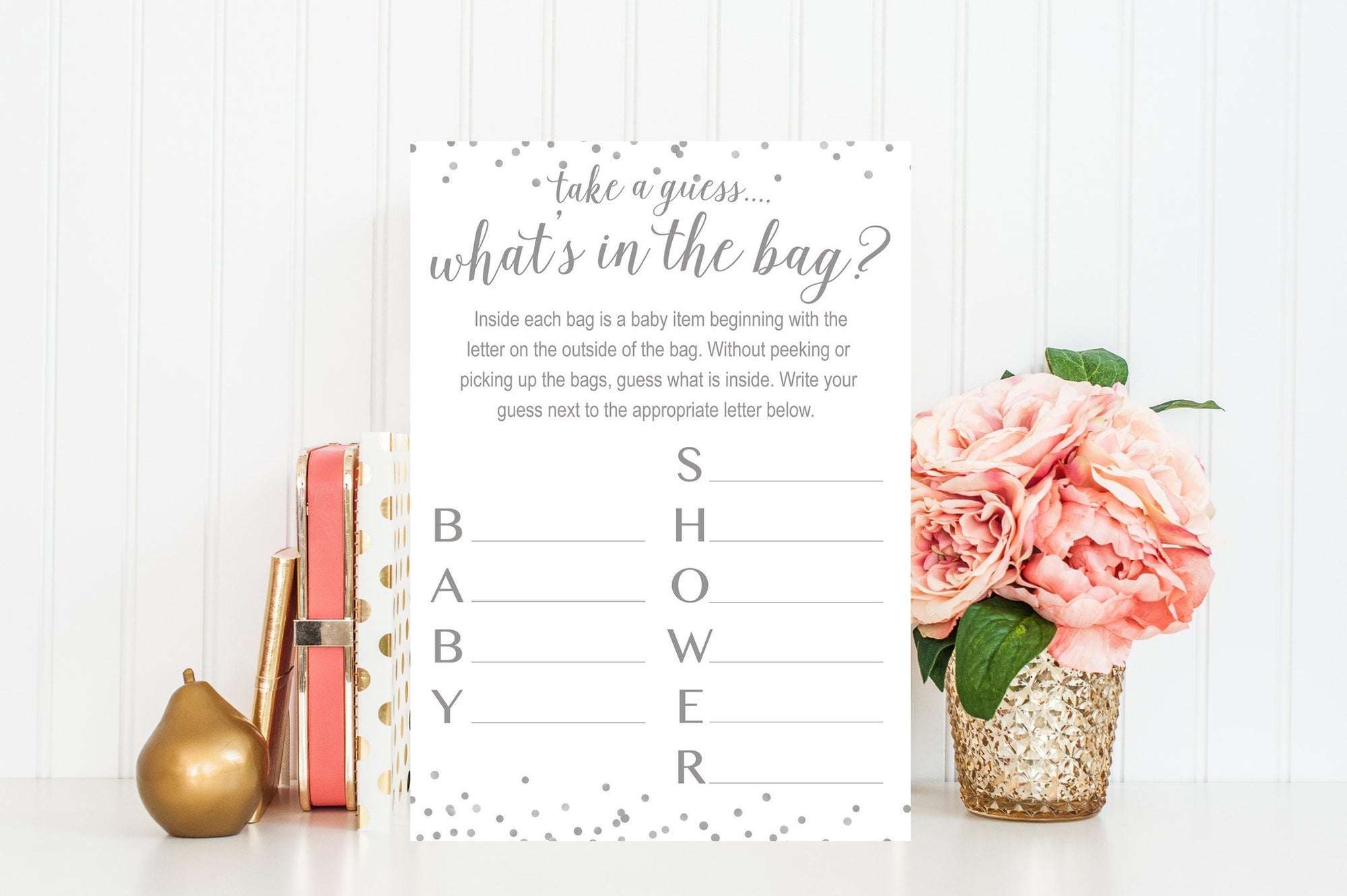 What's In The Bag - Grey Confetti Printable - Pretty Collected