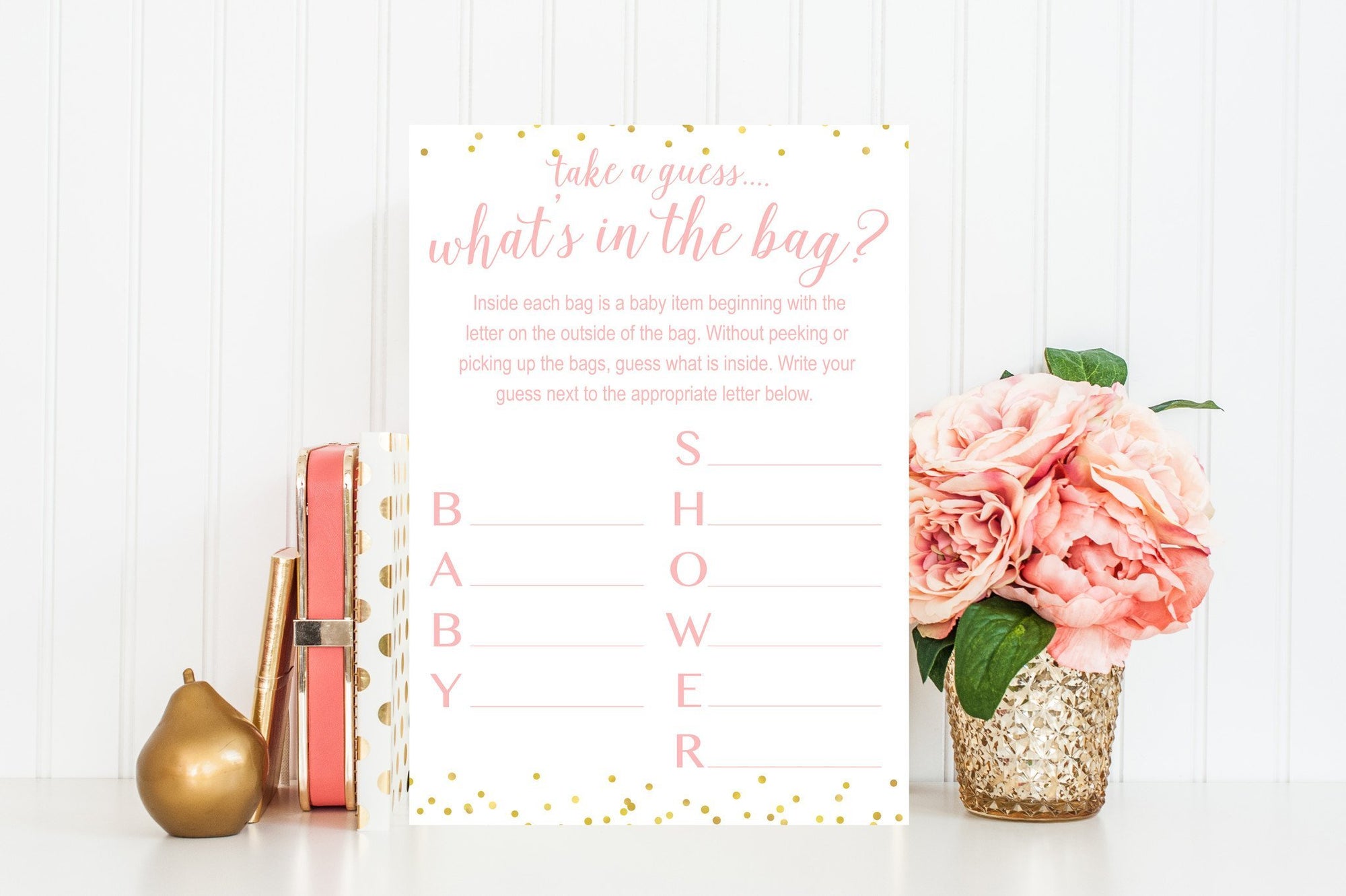What's In The Bag- Pink & Gold Confetti Printable - Pretty Collected