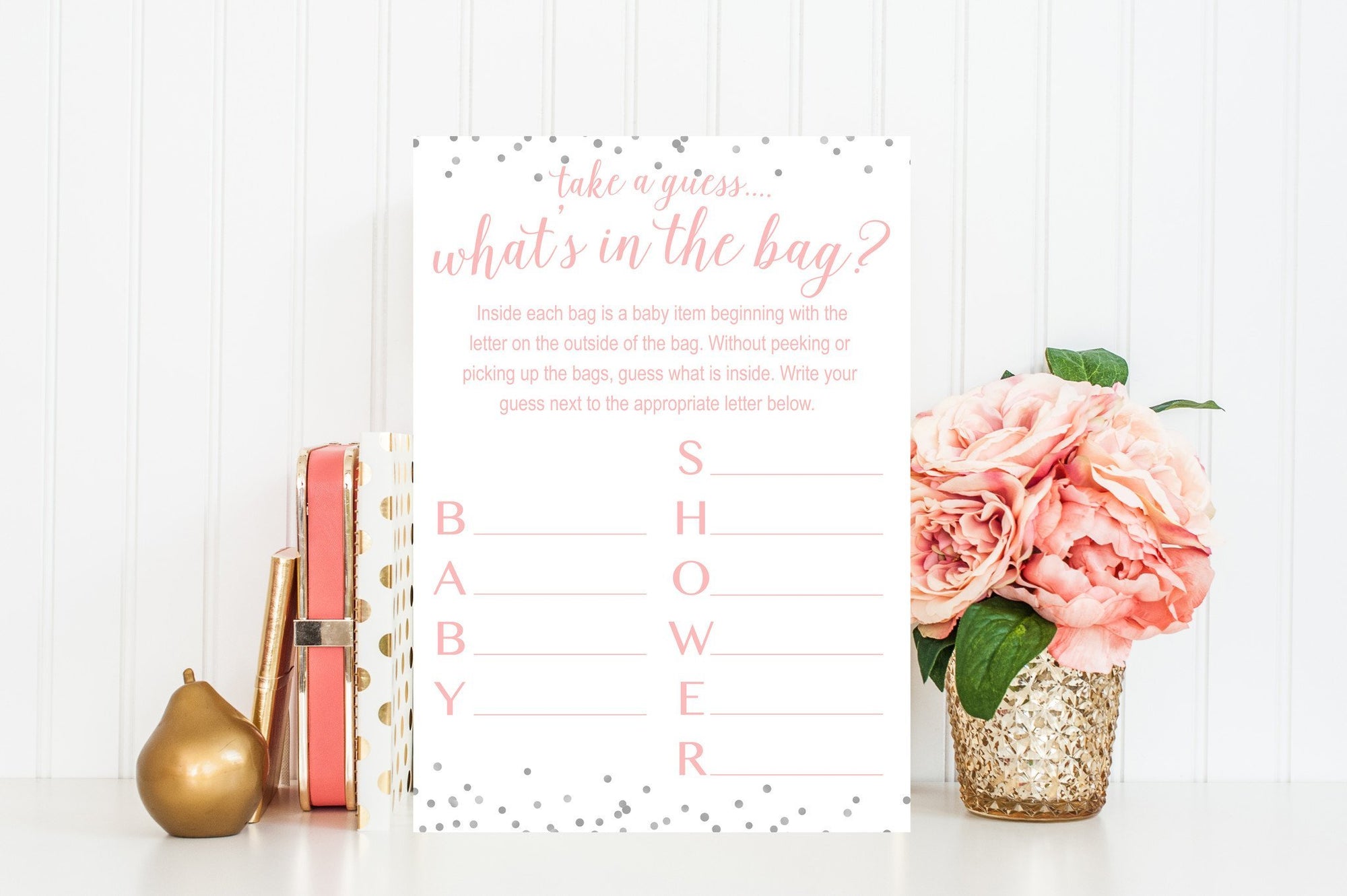 What's In The Bag - Pink & Grey Confetti Printable - Pretty Collected