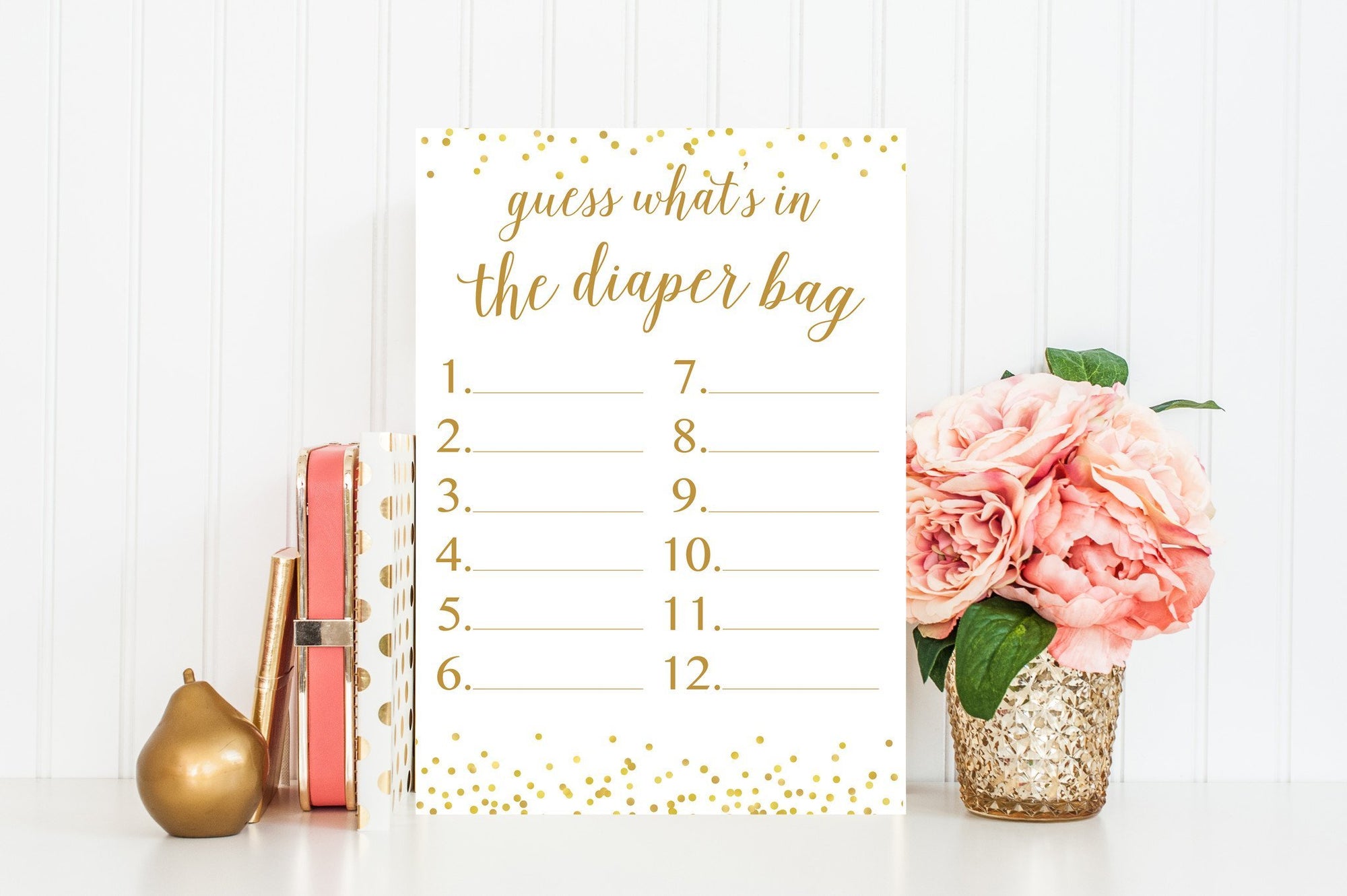 What's In The Diaper Bag - Gold Confetti Printable - Pretty Collected