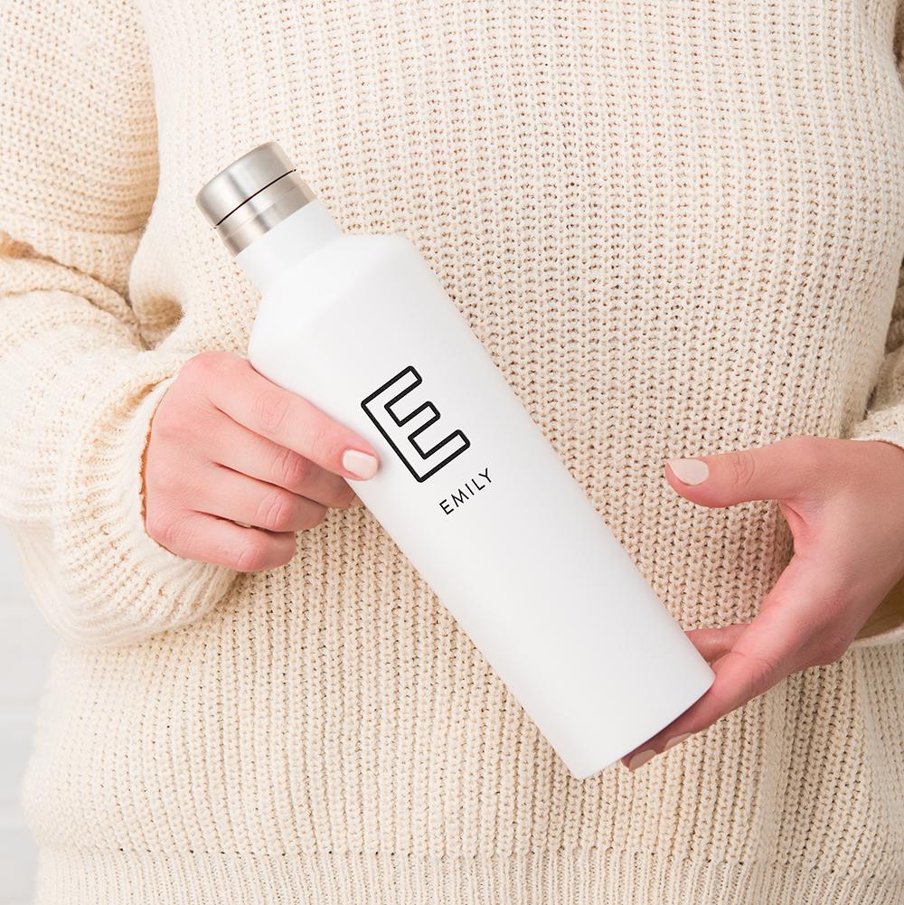 Personalized Name & Initial Stainless Steel Water Bottle - White - Pretty Collected