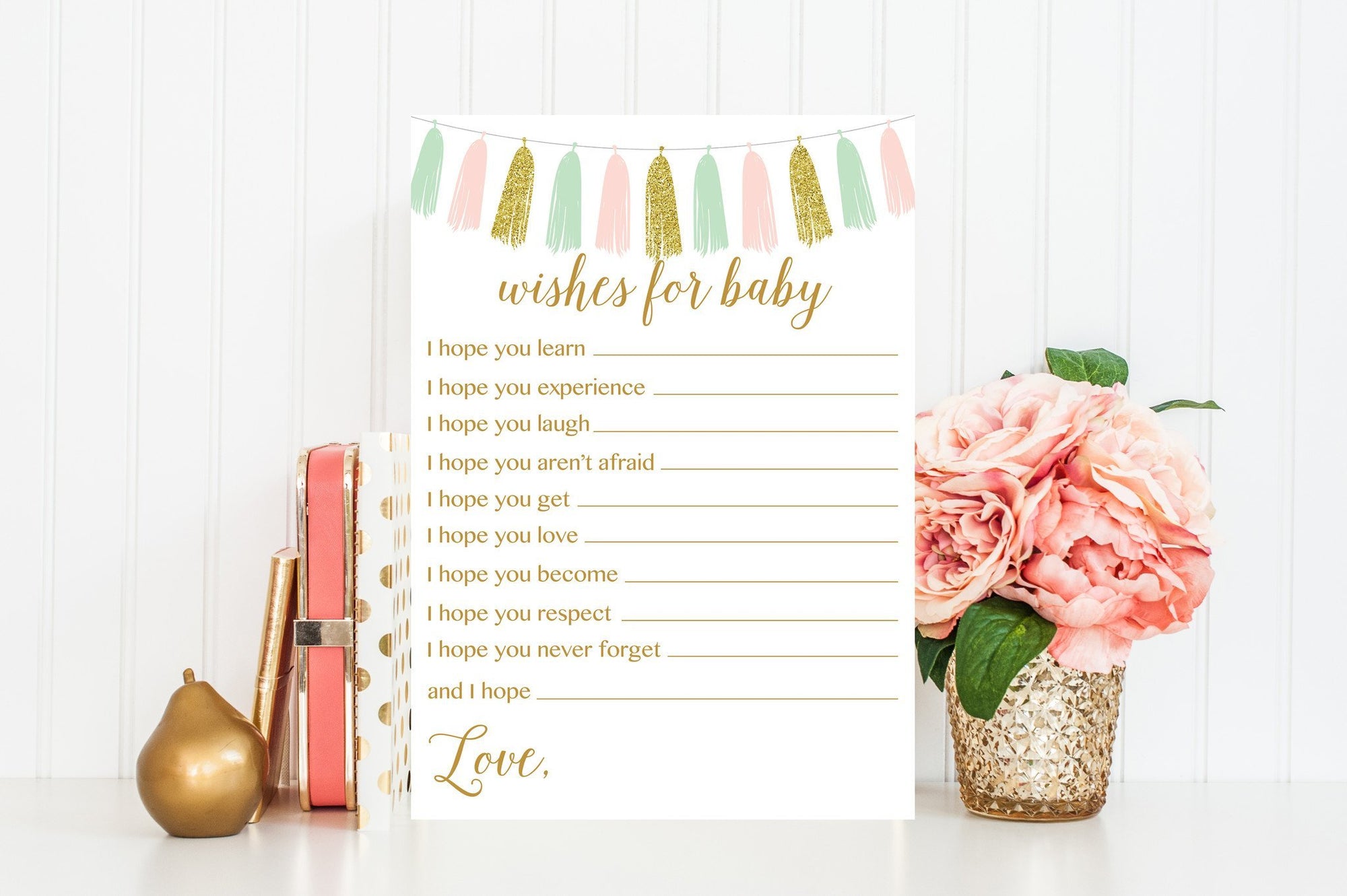 Wishes for Baby - Pink, Mint & Gold Tassel Printable - Pretty Collected